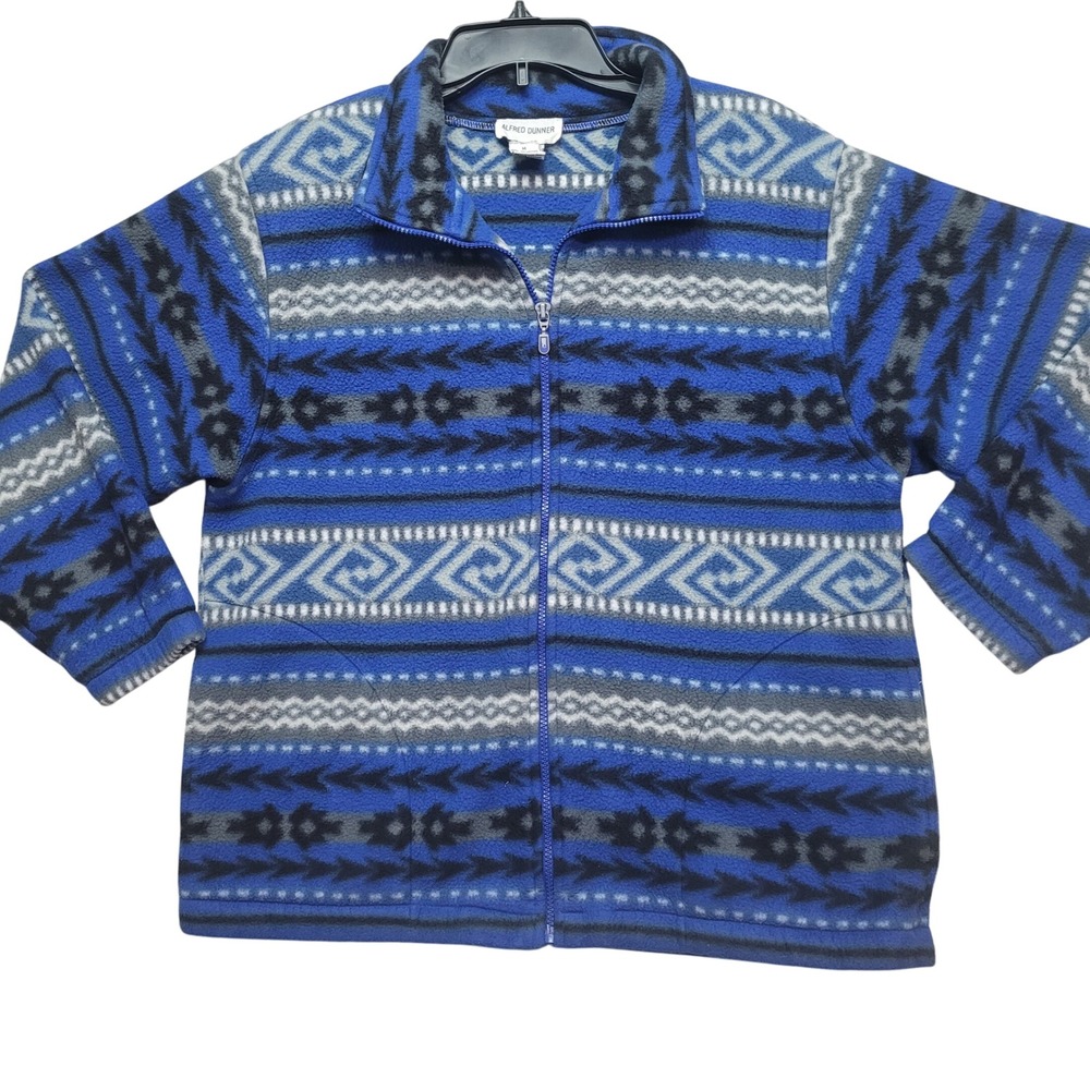 Alfred Dunner Women Fleece FLAW  M Blue Gray‎ Black Aztec Geometric Full Zip